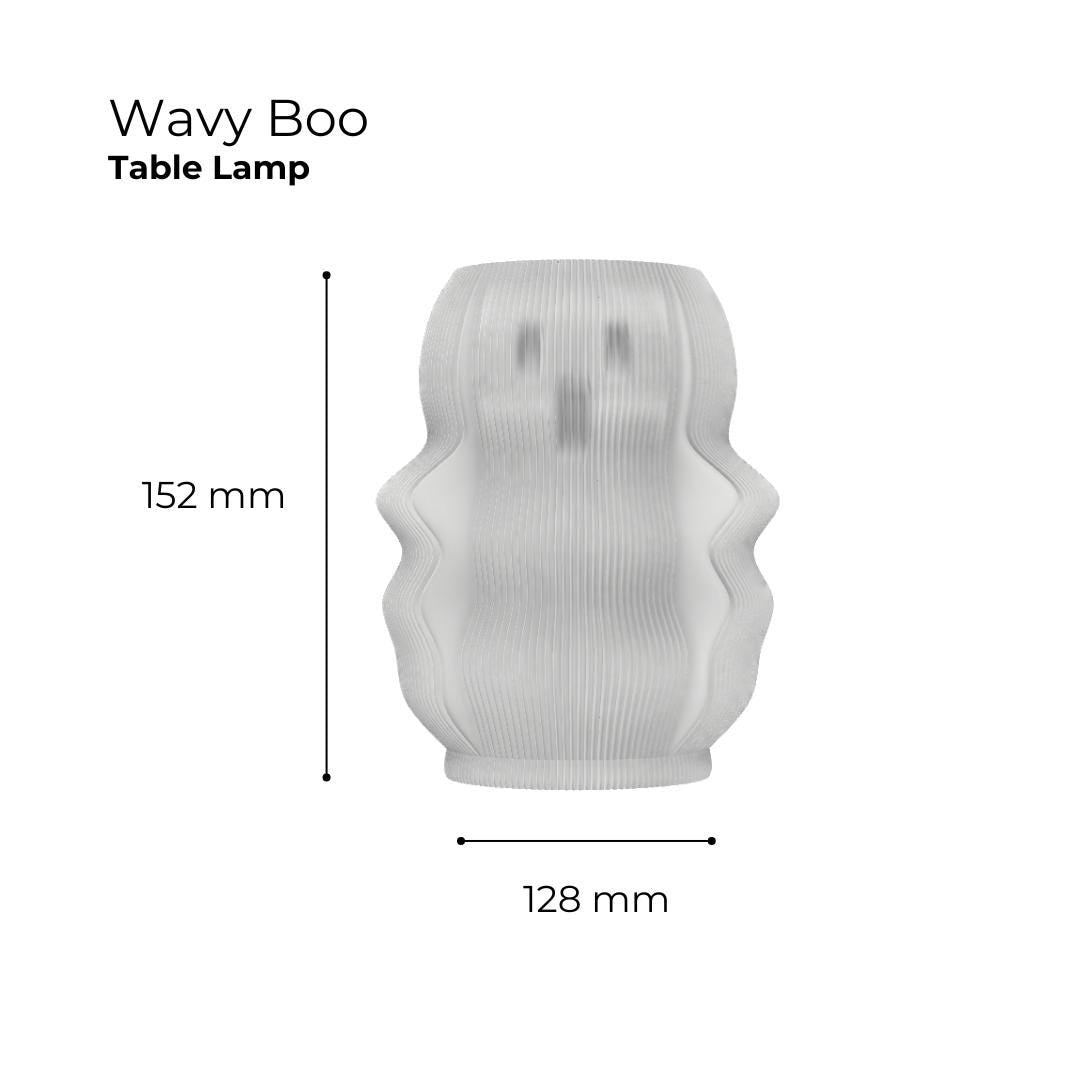 Dimensions of the Boo Lamp. 152mm tall x 128mm wide