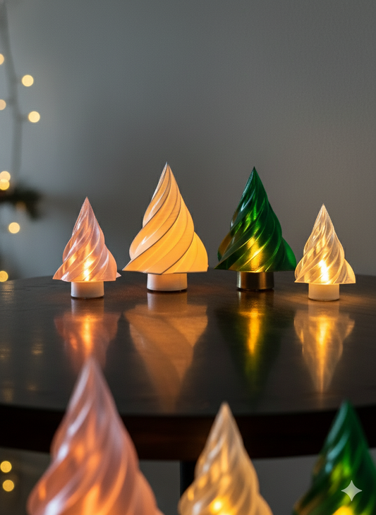 Modern Spiral Glow Trees | 3D Printed Translucent Holiday Decor | LED Tealight Centerpiece